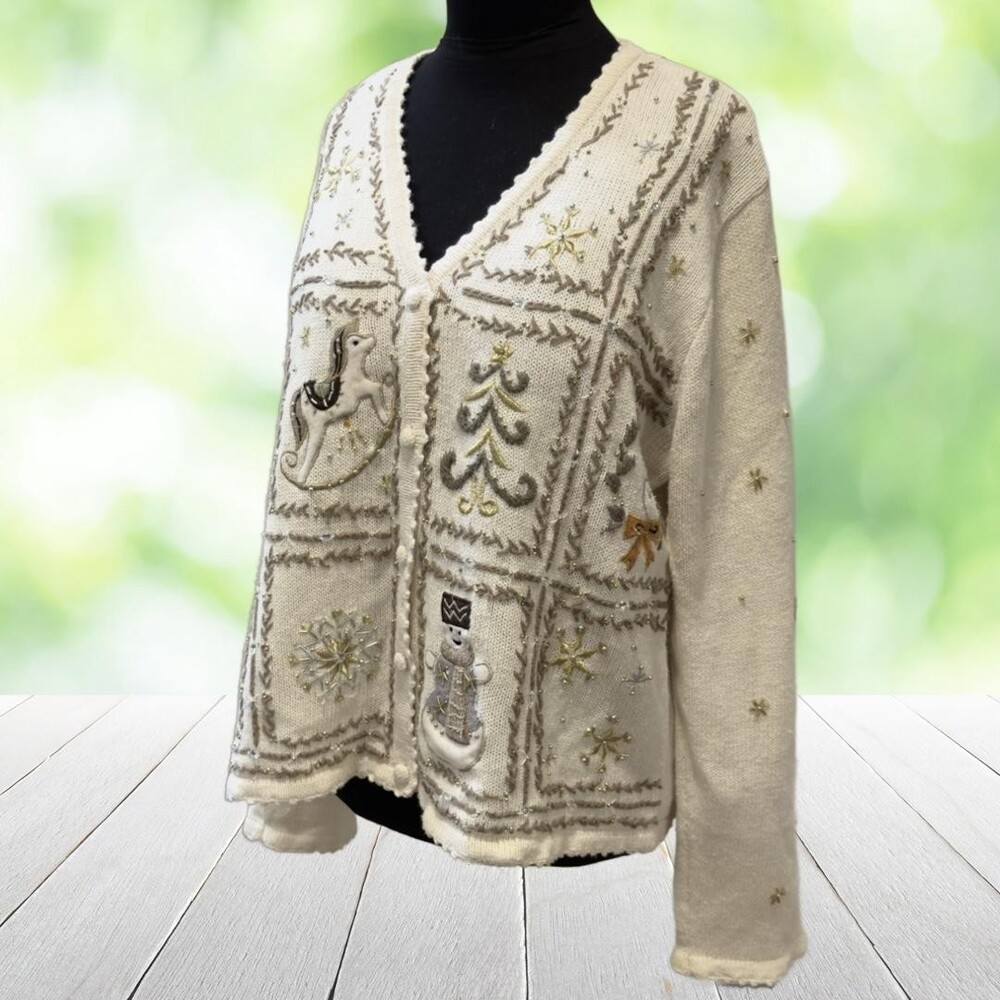 Vintage Christmas Cardigan Hand Embroidered Beaded Rocking Horse Snowman Size L - Picture 15 of 15